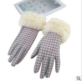千鸟格毛口触摸屏手套，女士冬天羊毛触屏手套，触控手套